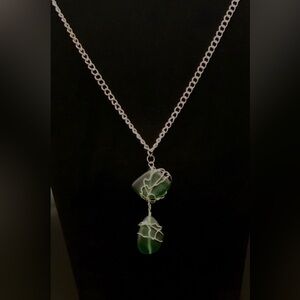 Artisan Made Silver Necklace with  Green Sea Glass Silver Wire-Wrapped Stones.